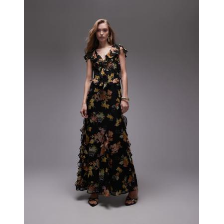 Topshop Gelegenheidskleding Midi jurk met fladdermouwen, ruches en bloemenprint in zwart