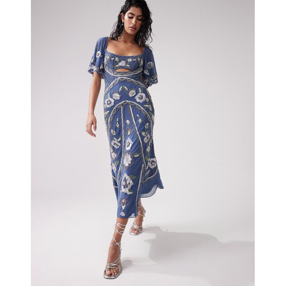 ASOS DESIGN Midi-jurk met bloemen, fladdermouwen, open achterkant en versiering in blauw Blauw