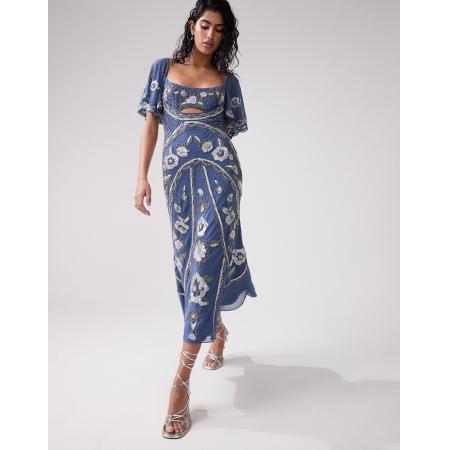 ASOS DESIGN Midi-jurk met bloemen, fladdermouwen, open achterkant en versiering in blauw
