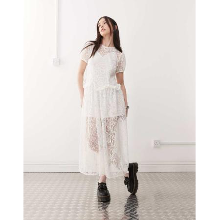 Reclaimed Vintage Festival Midi-jurk met kanten laagjes in wit