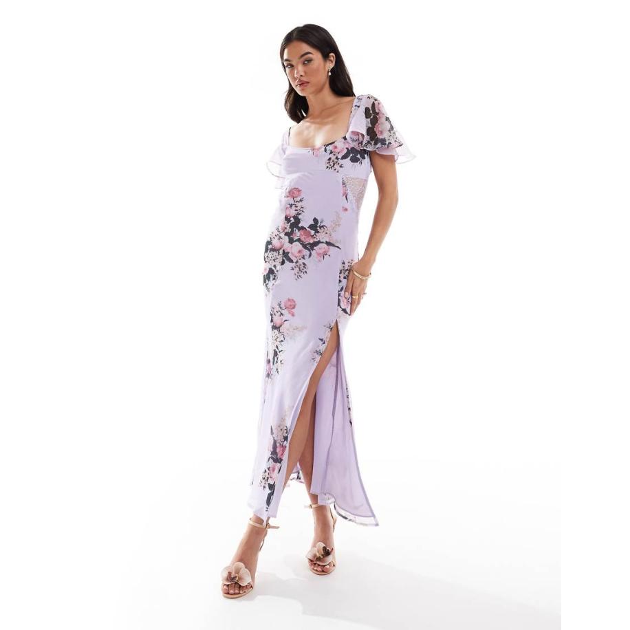 ASOS DESIGN Midi-jurk met fladdermouwen, kanten inzetstuk en bloemenprint in lila-Veelkleurig Multicolor