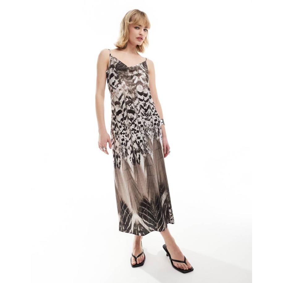 AllSaints Hadley Sierra Satijnen midi slipdress in zwart/wit Wit