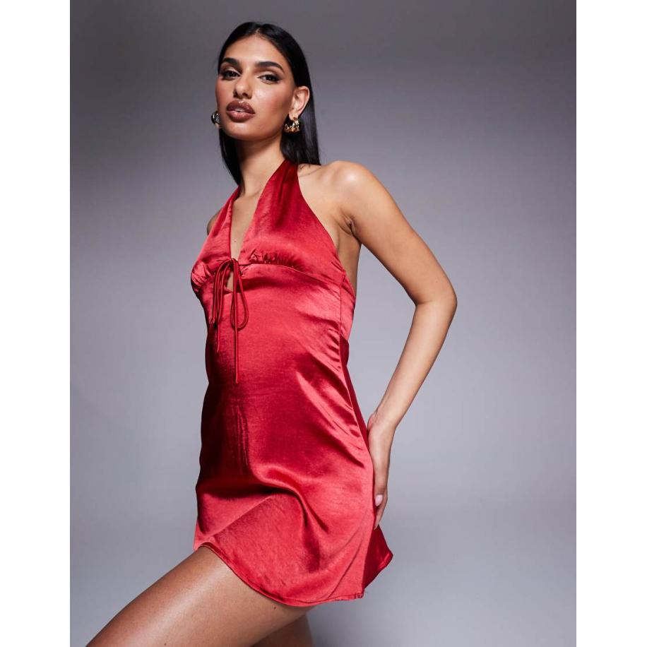 Princess Polly Satijnen mini-slipdress met halternek en gestrikte voorkant in rood Rood