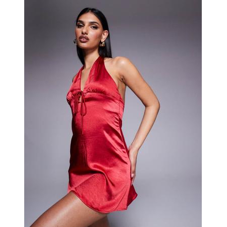 Princess Polly Satijnen mini-slipdress met halternek en gestrikte voorkant in rood