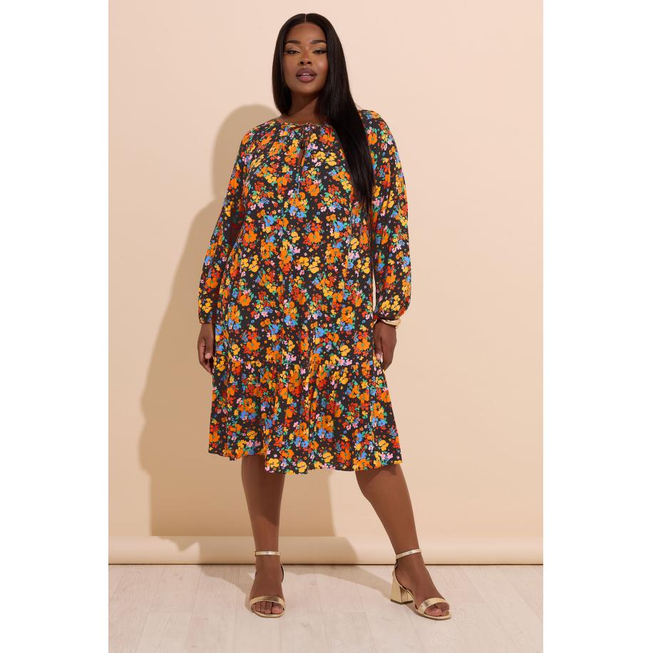 Yours Curve Zwartoranje Bloemen Midijurk Met Strikhals Size 58-60 Zwart