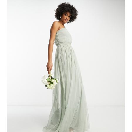 Anaya With Love Tall Bruidsmeisjes Lange jurk van tule met blote schouder in saliegroen
