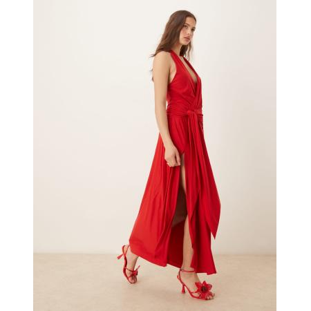 Abercrombie & Fitch Maxi jurk van jersey met halternek en geknoopte voorkant in rood-Groen