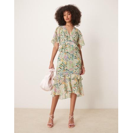 Hope & Ivy Nette midi-jurk met peplum taille in groene print