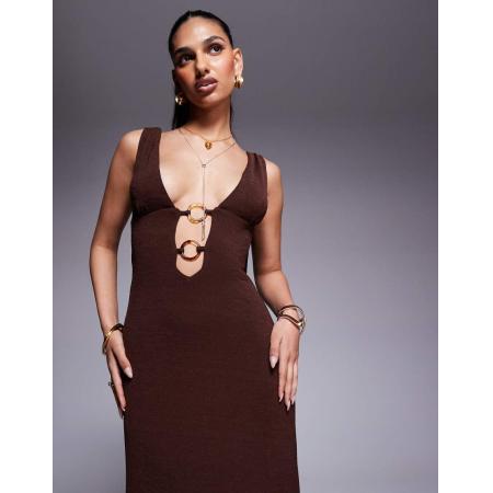 Princess Polly Maxi jurk met diep decolleté en ringdetail in chocoladebruin
