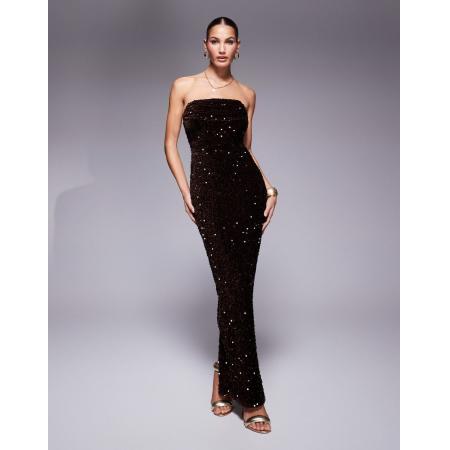 Jaded Rose Bandeau maxi jurk van fluweel met korset en lovertjes in chocoladebruin