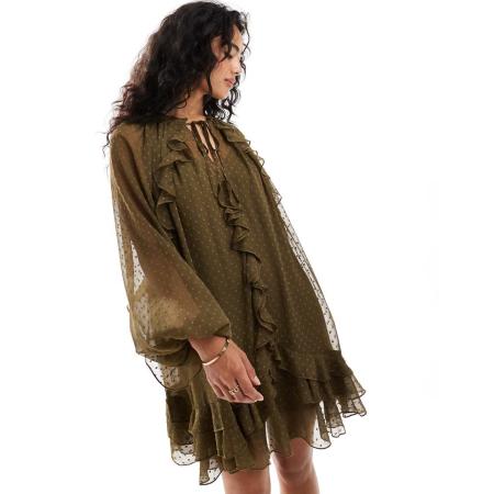 ASOS DESIGN Mini jurk van dobby-chiffon met ruches en blousonmouwen in donkergroen-Blauw