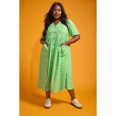 Yours Midaxi Doorknoopjurk Met Bloemmotief In Groen/Roze Size 62-64