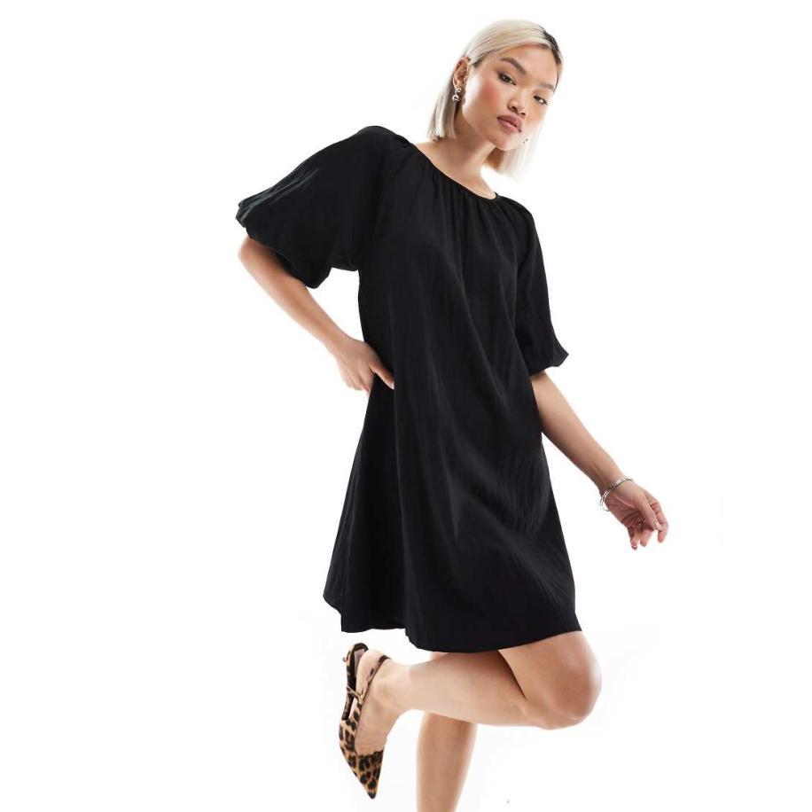 Threadbare Jurk van popeline met pofmouwen in zwart Zwart