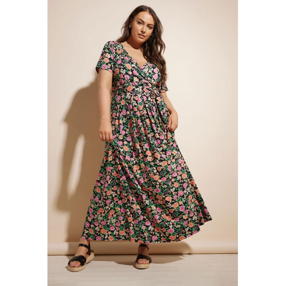 Yours Lange Wikkeljurk Met Bloemontwerp En Korte Mouwen In Roze/Oranje Size 50-52 Zwart