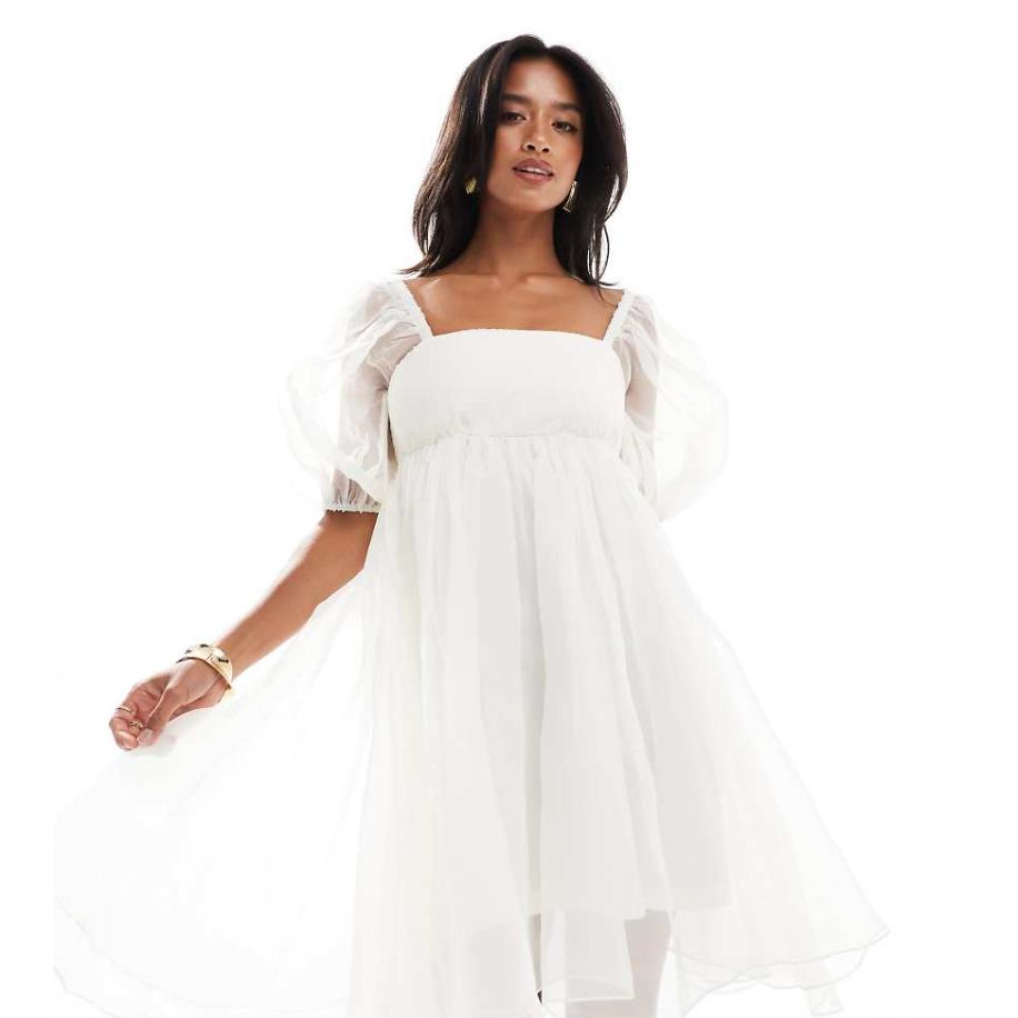 Lace & Beads Petite Mini babydoll-jurk van organza met vierkante hals in ivoorwit Wit