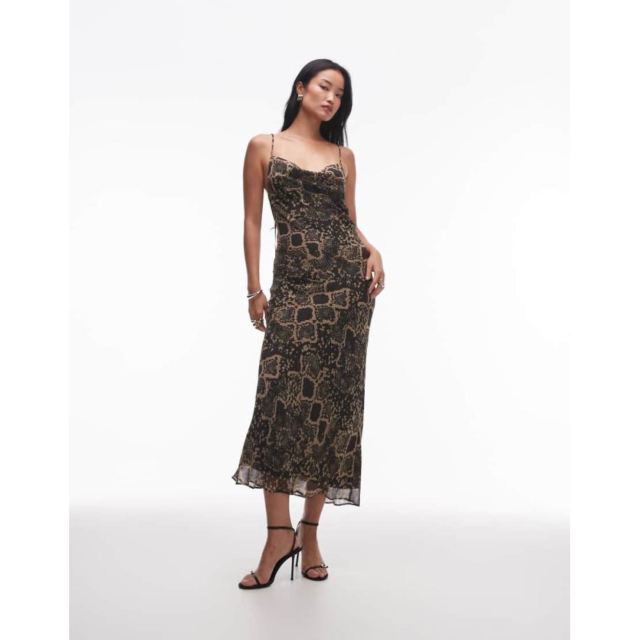 Topshop Midi-slipdress met gedrapeerde halslijn en gedraaide achterkant in slangenprint-Veelkleurig Multicolor
