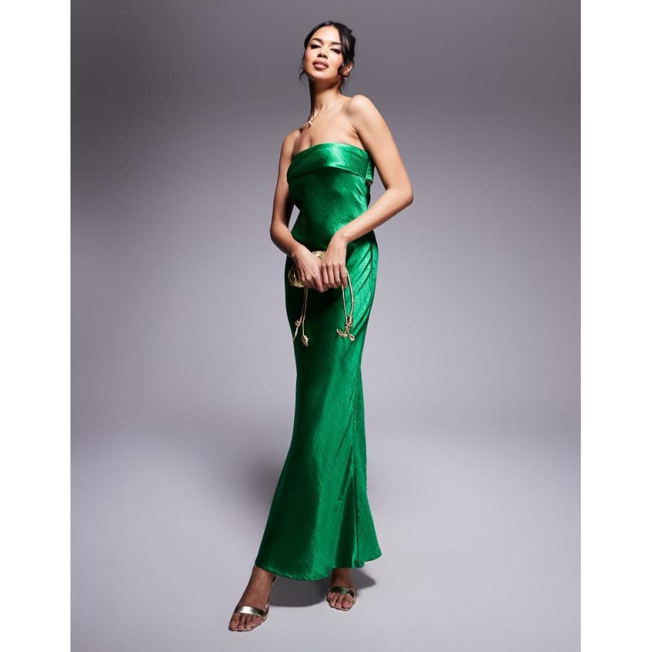In The Style x Perrie Sian Exclusives Midi bandeau jurk van satijn in smaragdgroen Groen
