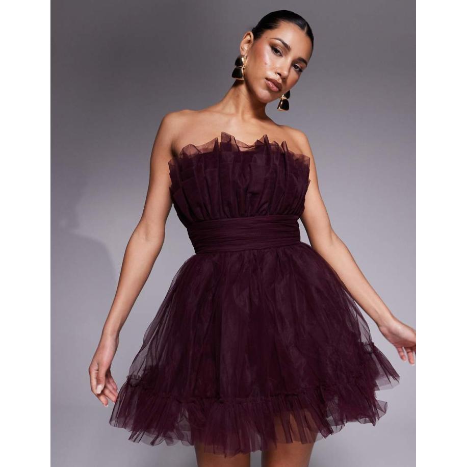 Lace & Beads Mini bandeau-jurk van tule met structuur in rood-Paars Paars