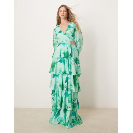 Pretty Lavish Maxi-jurk met ruches, uitsnijding en groene bloemenprint-Veelkleurig