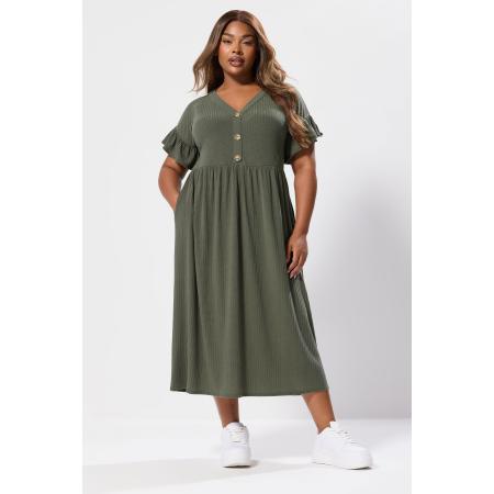 Yours Curve Khaki Groene Geribbelde Volant Midaxi Jurk Size 66-68