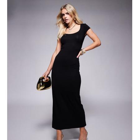 ASOS DESIGN Petite Midi-jurk met kapmouwen en lage ronde hals in zwart