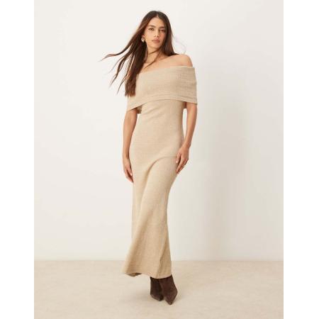 Pretty Lavish Gebreide midaxi jurk met bardot halslijn in beige-Grijs