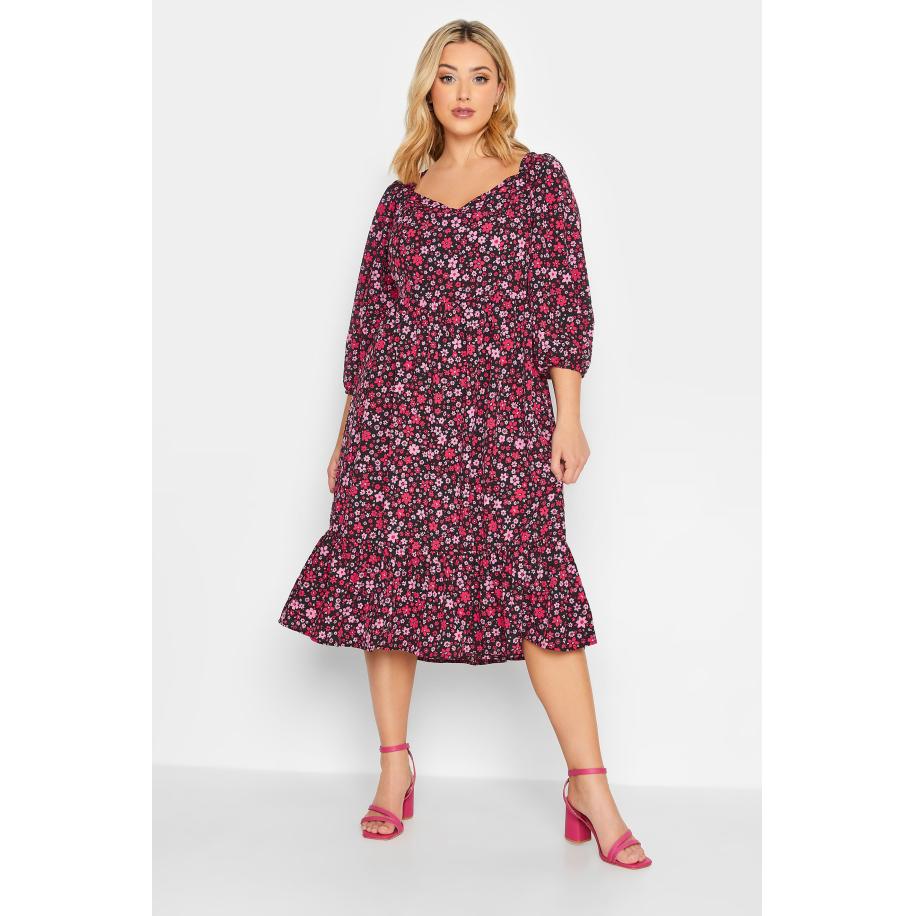 Yours Midijurk Bloemenprint & Ballonmouwen In Zwart En Rozesize 62-64 Roze