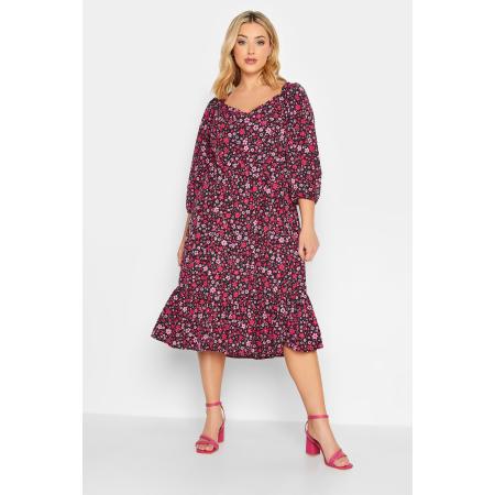 Yours Midijurk Bloemenprint & Ballonmouwen In Zwart En Rozesize 62-64