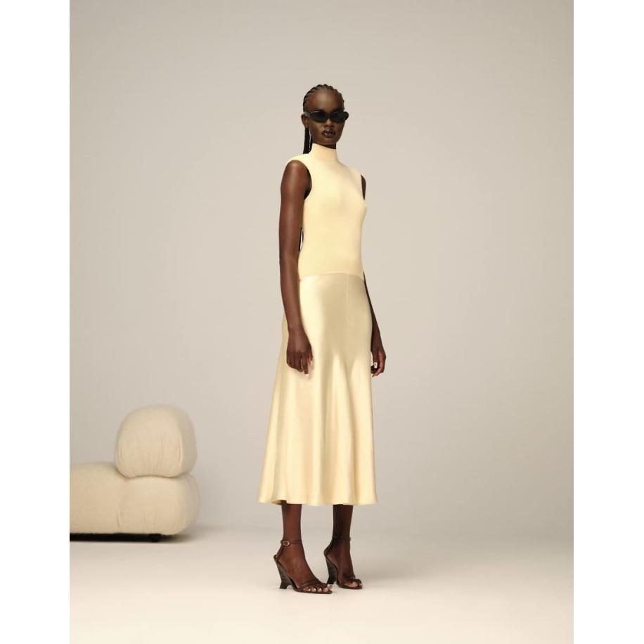 ARRANGE Gebreide midi jurk met verlaagde taille en satijnen rok in lichtgeel-Neutraal Multicolor