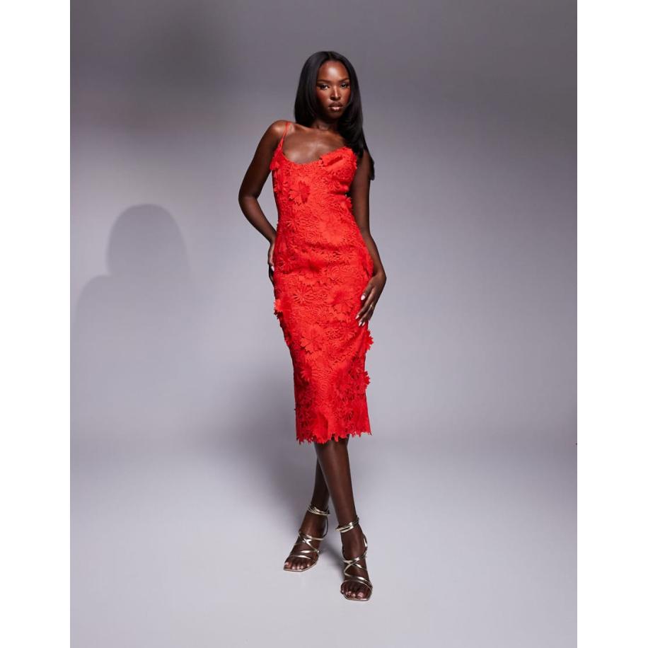 Bardot Midi jurk met 3D-kant in rood Rood