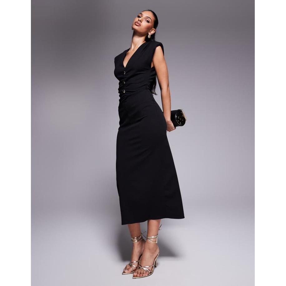 ASOS DESIGN Midi jurk met schoudervullingen, V-hals en gouden knopen-Zwart Zwart