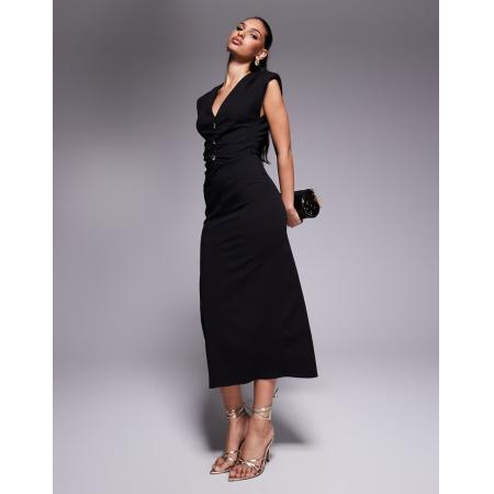 ASOS DESIGN Midi jurk met schoudervullingen, V-hals en gouden knopen-Zwart