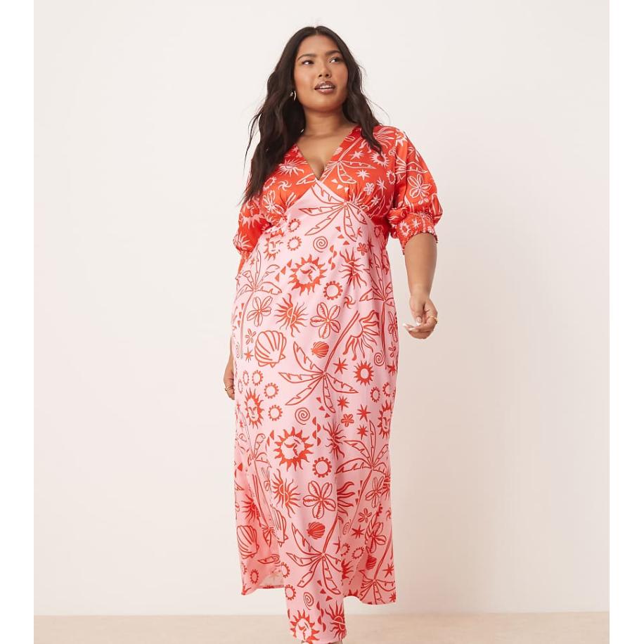 Never Fully Dressed Plus Contrasterende midaxi-jurk met print in rood en roze Roze
