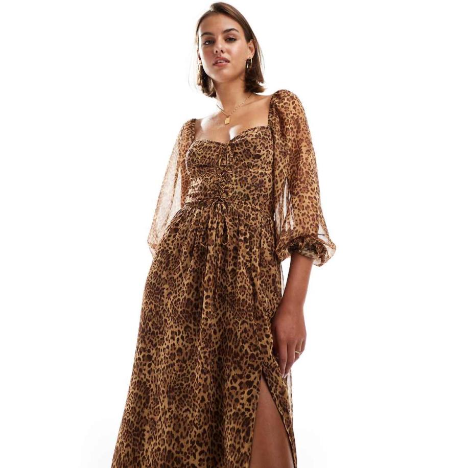 Miss Selfridge Maxi jurk van chiffon met korset en veters in dierenprint-Bruin Bruin