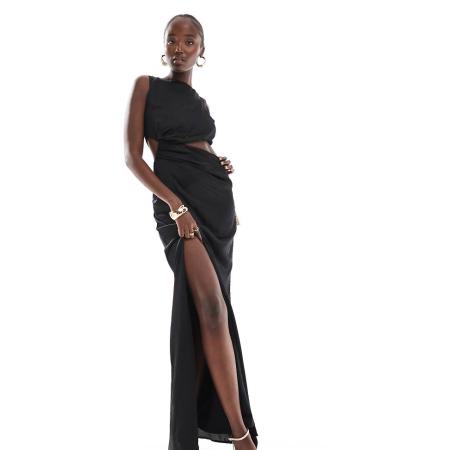 TFNC Tall Maxi jurk van satijn met uitgesneden taille in zwart