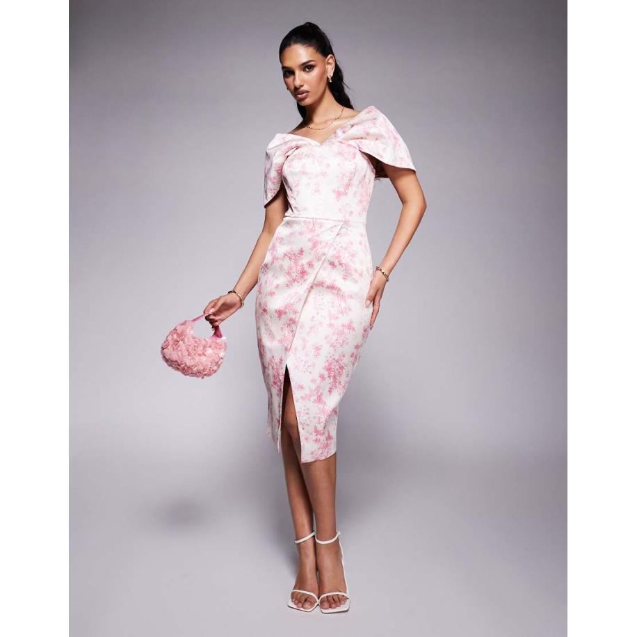 Lavish Alice Gedrapeerde satijnen midi-jurk met bardothals en porseleinprint in fuchsia-Roze Roze