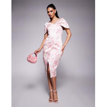 Lavish Alice Gedrapeerde satijnen midi-jurk met bardothals en porseleinprint in fuchsia-Roze