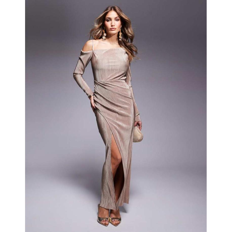 ASOS DESIGN Gedrapeerde maxi jurk van plissé met rimpeleffect in beige-Neutraal Multicolor