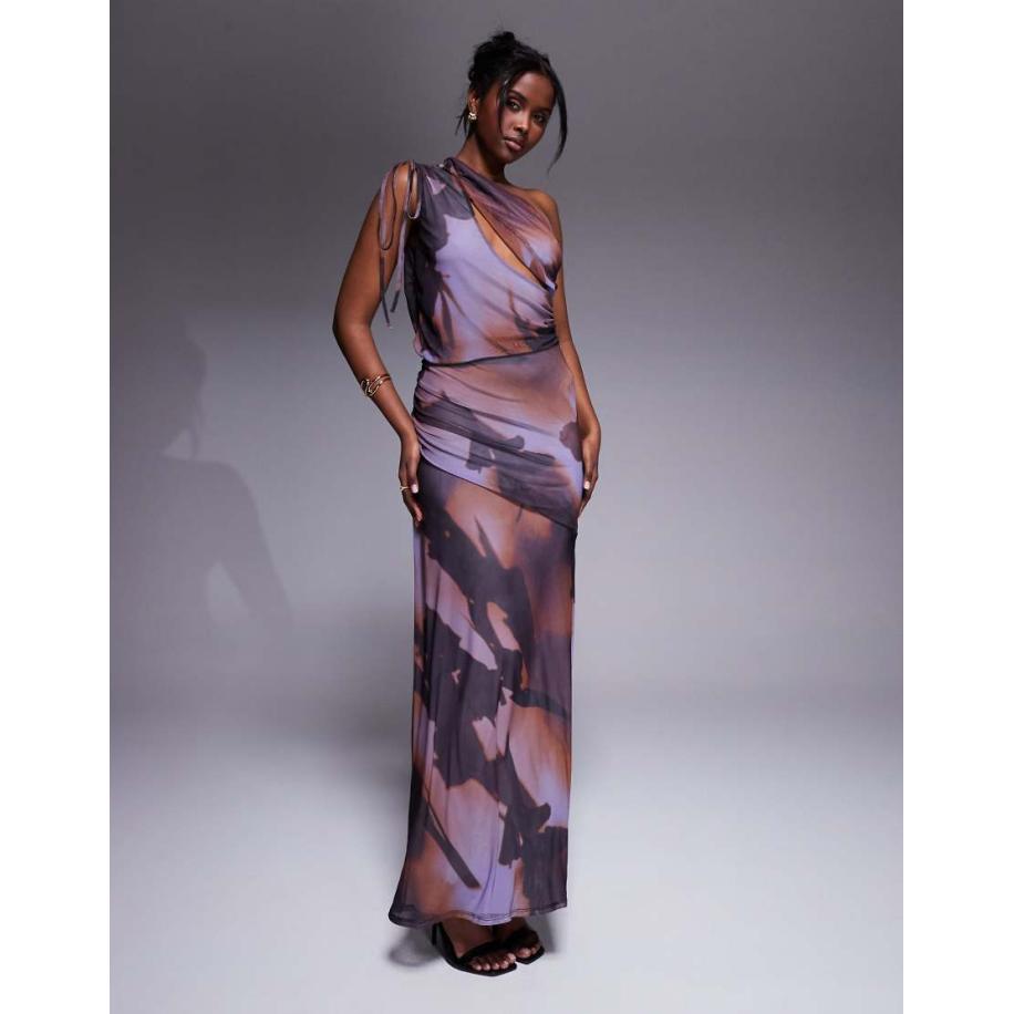 ASOS DESIGN Midi jurk van mesh met rimpeleffect, trekkoord, blote schouder en schuine uitsnijding in vervaagde paarse print-Veelkleurig Multicolor