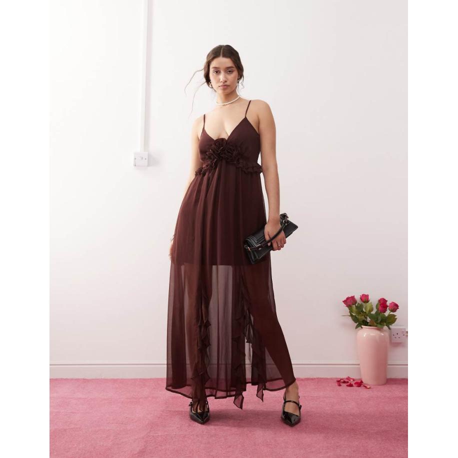 Miss Selfridge Maxi cami-jurk van chiffon met corsages in bruin Bruin