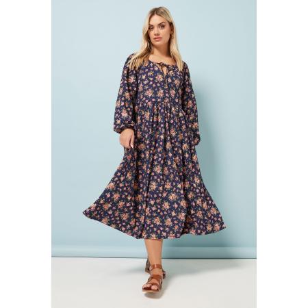 Yours Midaxijurk Met Bloemmotief, Lange Mouwen En Strikdetail In Donkerblauw Size 42
