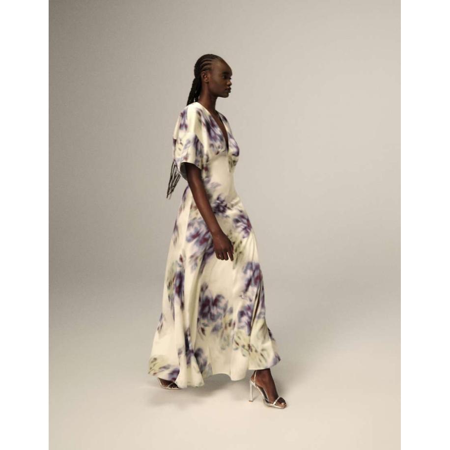 ARRANGE Maxi jurk van satijn met schoudervullingen in vervaagde bloemenprint-Veelkleurig Multicolor