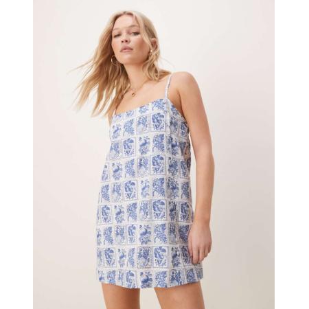 Abercrombie & Fitch Jurk van linnenmix met knopen, skort en blauwe postzegelprint