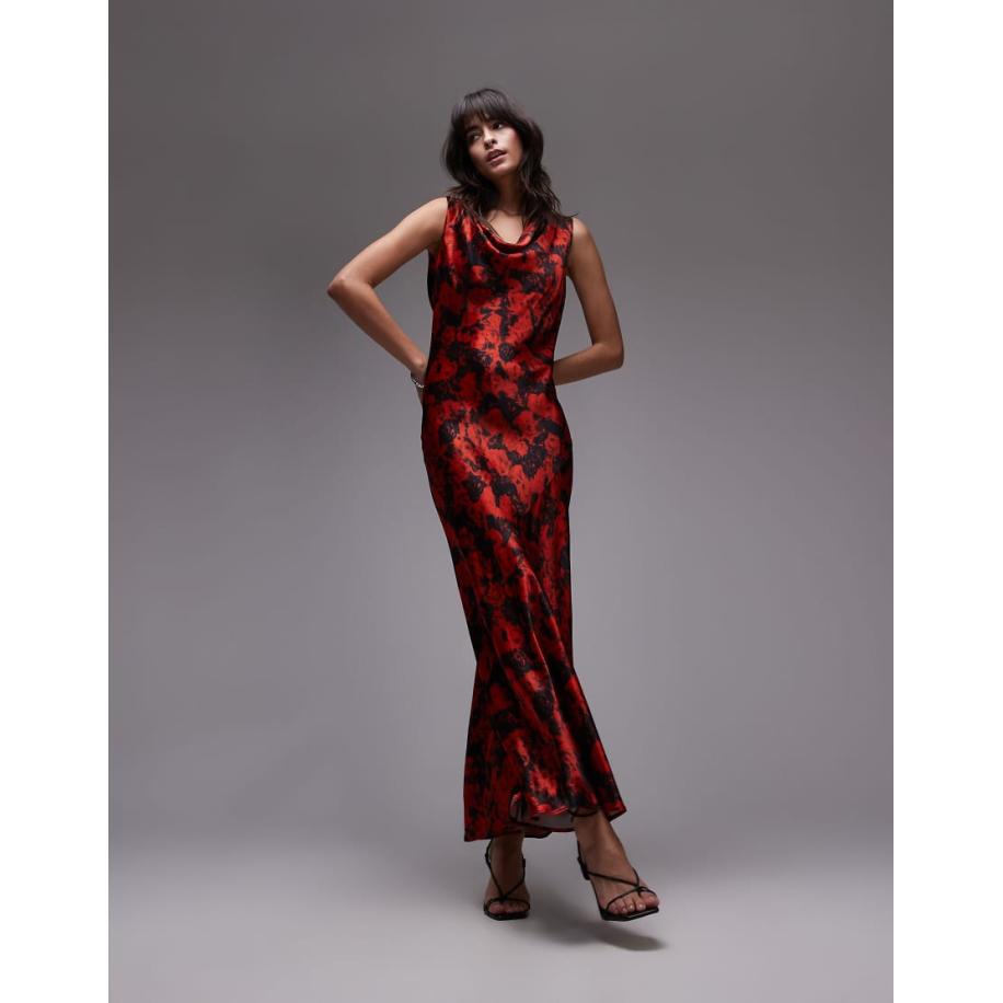 Topshop Opgebouwde maxi jurk maxi met gedrapeerde halslijn in kleine rode rozen-Rood Rood