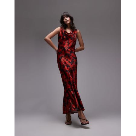 Topshop Opgebouwde maxi jurk maxi met gedrapeerde halslijn in kleine rode rozen-Rood