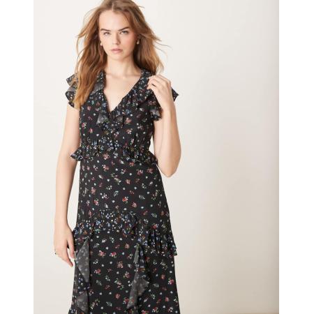 Nobody's Child Suvi Midaxi-jurk met ruches in zwart met fijne print