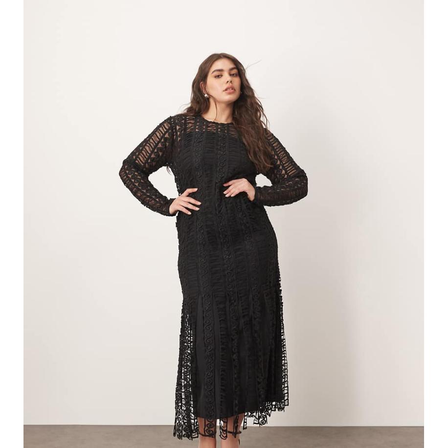 ARRANGE Curve Midi-jurk met kanten borduurwerk, lange mouwen en franjes in zwart Zwart