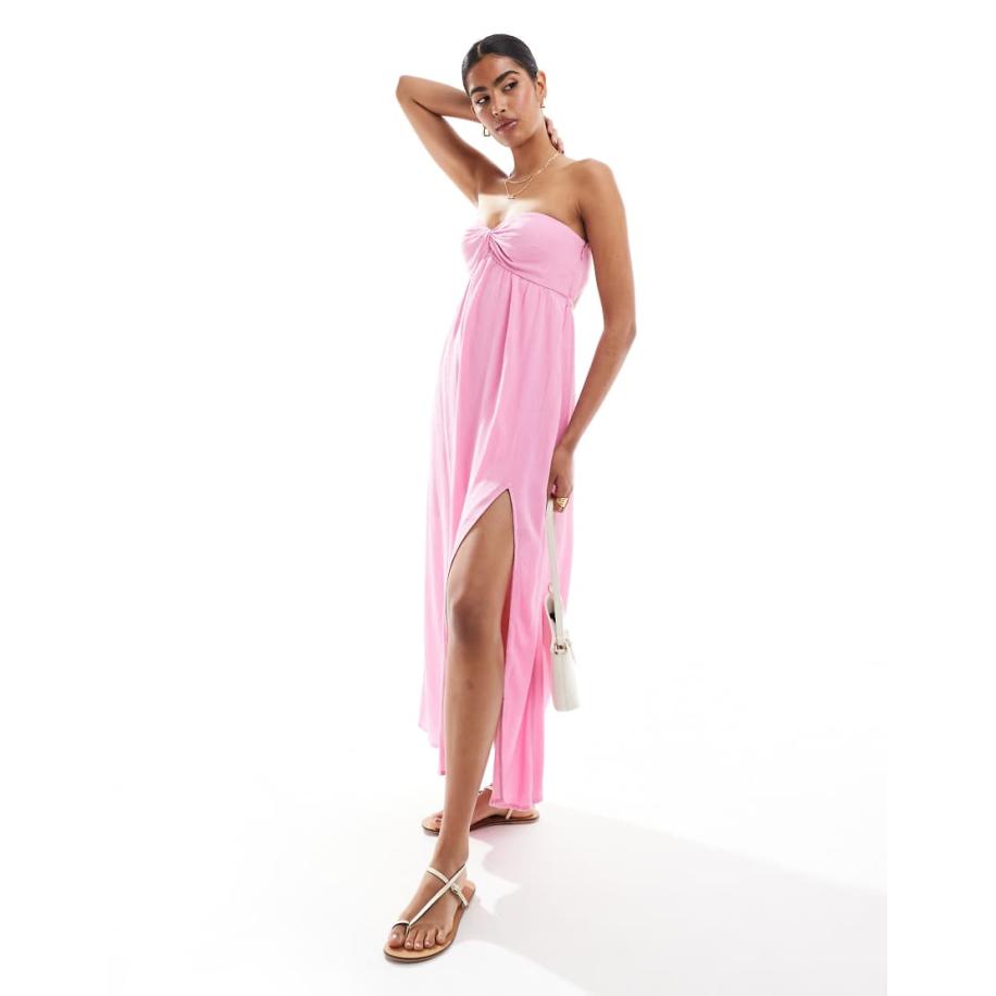 Hollister Bandeau midi jurk met gedraaid detail en dijsplit in roze Roze