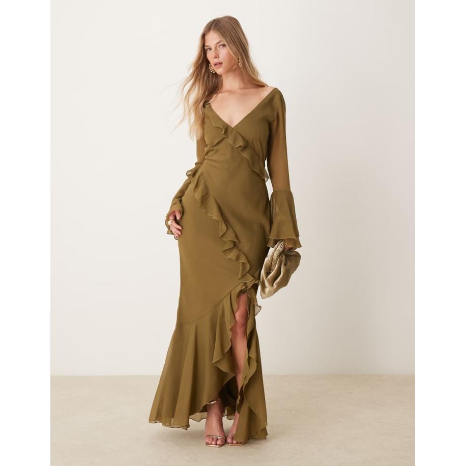 ASOS DESIGN Maxi jurk met V-hals, lange mouwen, ruches en uitsnijding in kakigroen Groen