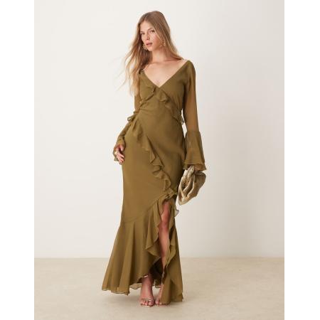 ASOS DESIGN Maxi jurk met V-hals, lange mouwen, ruches en uitsnijding in kakigroen